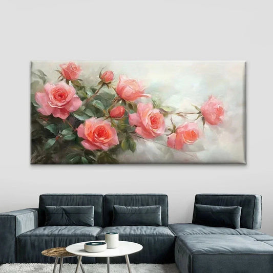 Pastel Pink &Floral Pink Roses Wall Art Canvas Office Home Room Framed 80x45cm