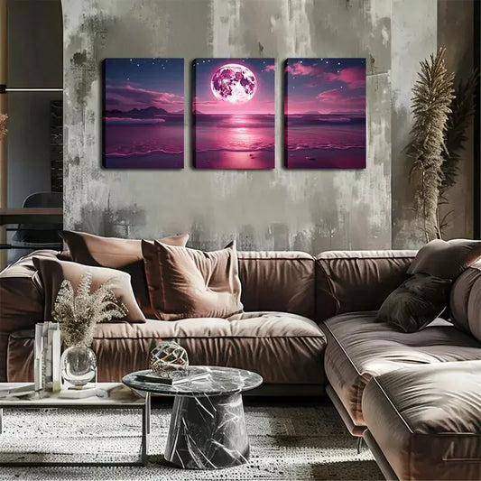 3pcs Beautiful Art, Fuchsia Moon Wall Art Set Canvas Framed 40x60cm - High Quality Print 100% Australian Made Wall Canvas Ready to Hang