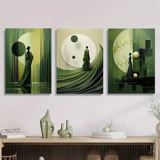 3pcs Abstract Olive Green Dreamy and Creative Metal Print Ready to Hang Art