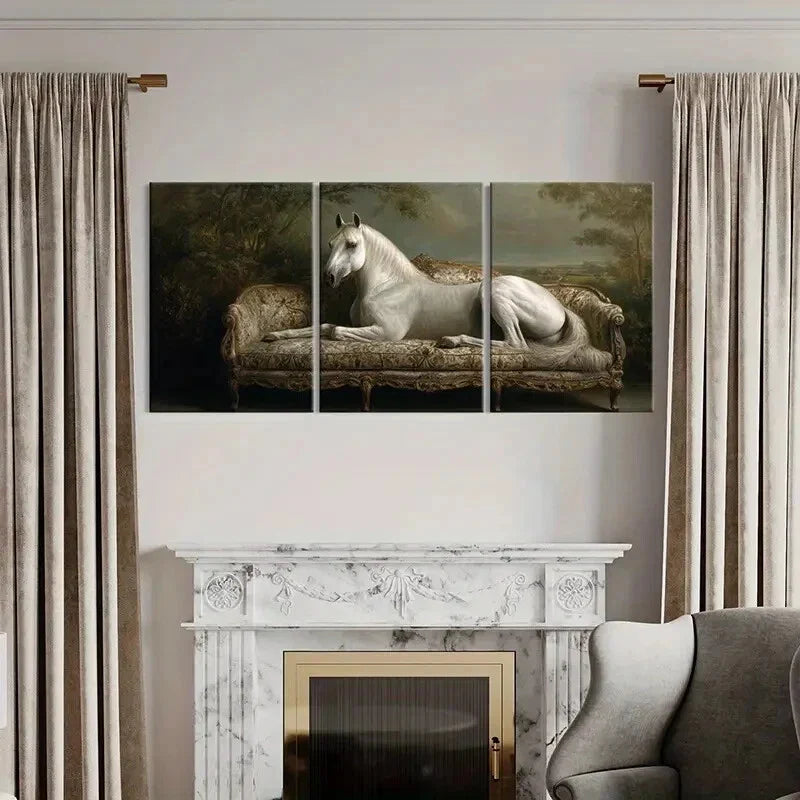 3pcs Elegant White Horse On Ornate Sofa Metal Print Ready to Hang Art