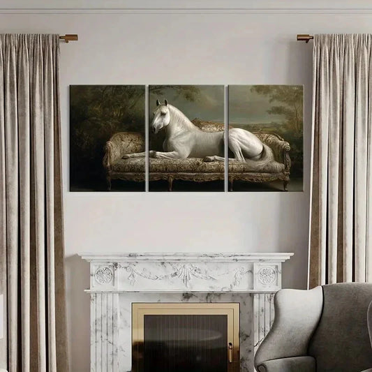 3pcs Elegant White Horse On Ornate Sofa Metal Print Ready to Hang Art