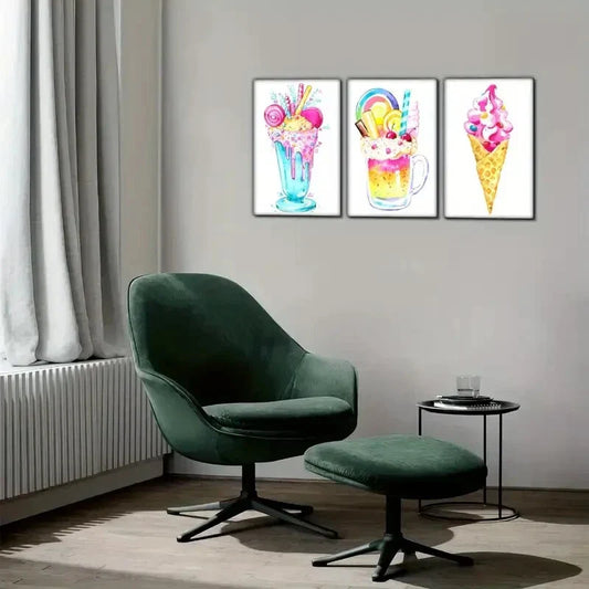 3pcs Ice Cream Drinks Summer Cold Drinks Metal Print Ready to Hang Art