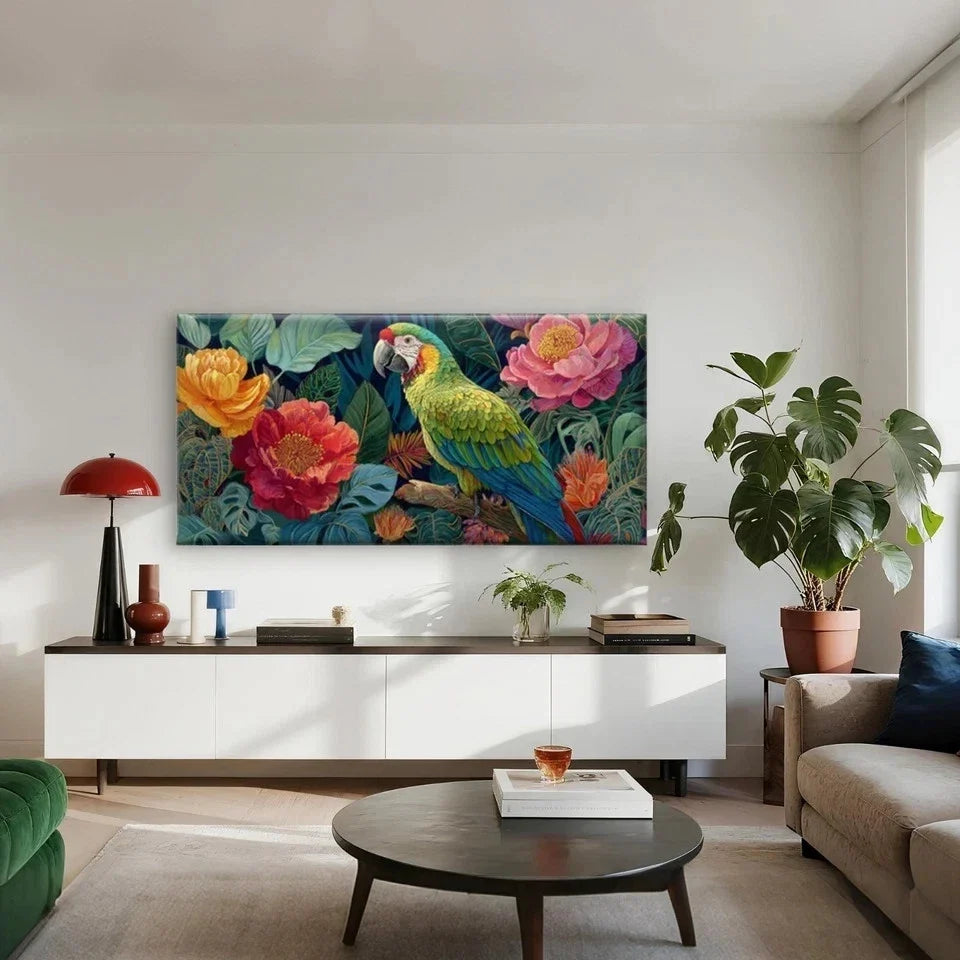 Tropical Parrot Jungle Wall Art Canvas Office Home Room Framed 80x45cm