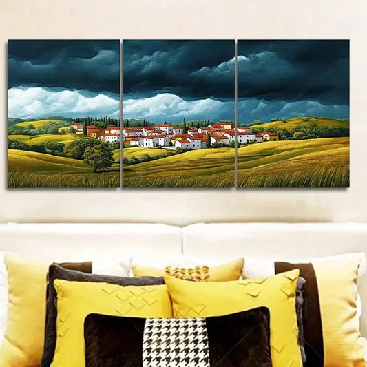 3pcs A little village with red roofs Painting Wall Art Set Canvas Framed 40x60cm - High Quality Print 100% Australian Made Wall Canvas Ready to Hang