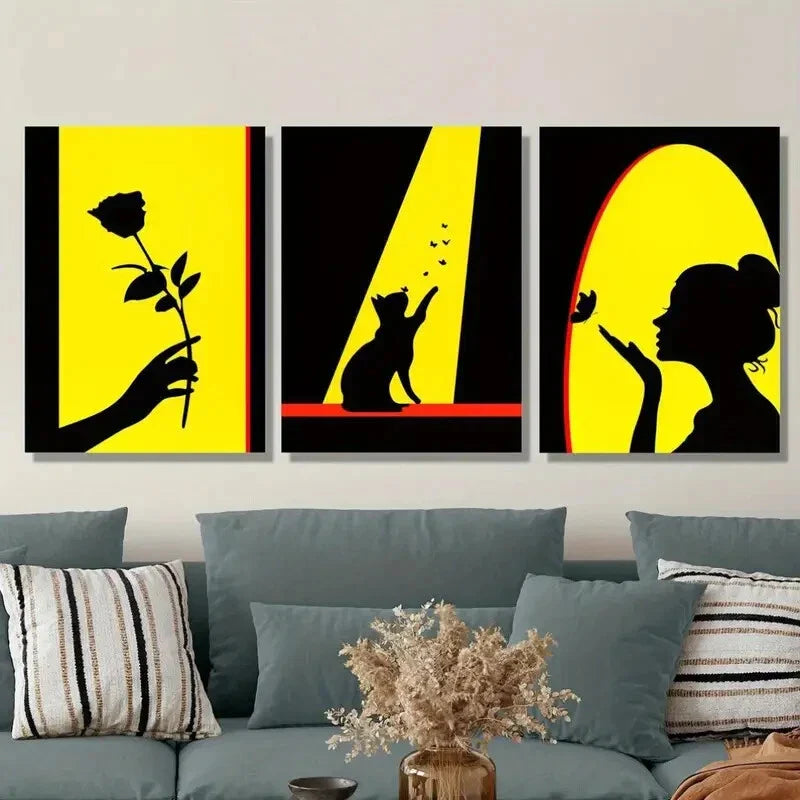 3pcs Ink Painting of Rose, Woman & Cat, Metal Print Ready to Hang Art