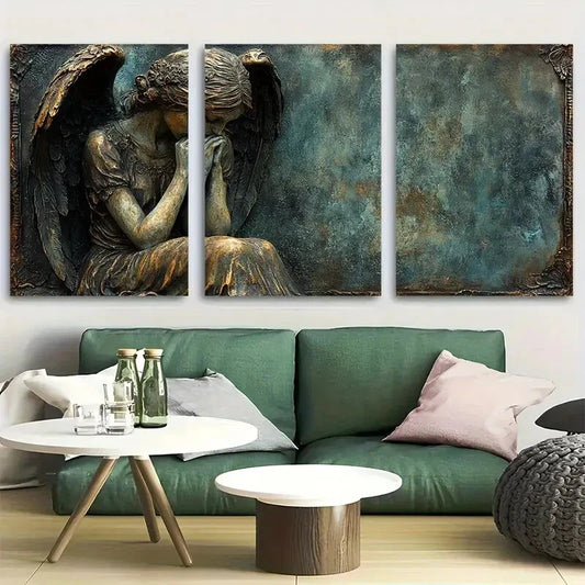 3pcs Elegant Angel Figures in Distressed Metal Print Ready to Hang Art