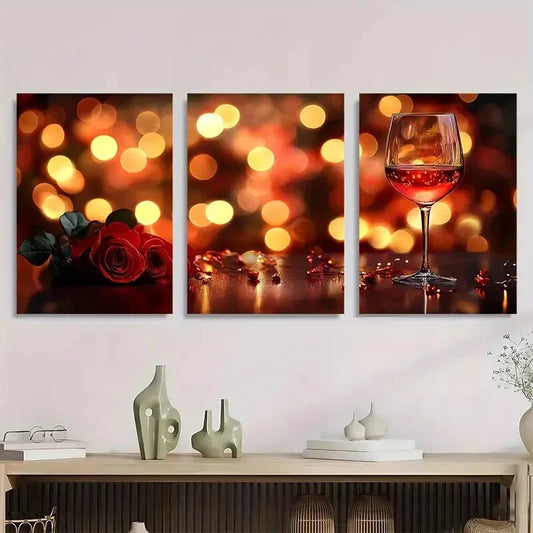 3pcs Elegant Wine & Rose Luxurious Metal Print Ready to Hang Art