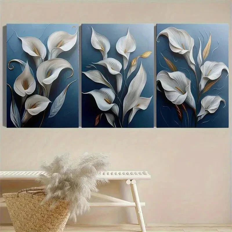 3pcs Modern Floral Blue Simple Metal Print Ready to Hang Art