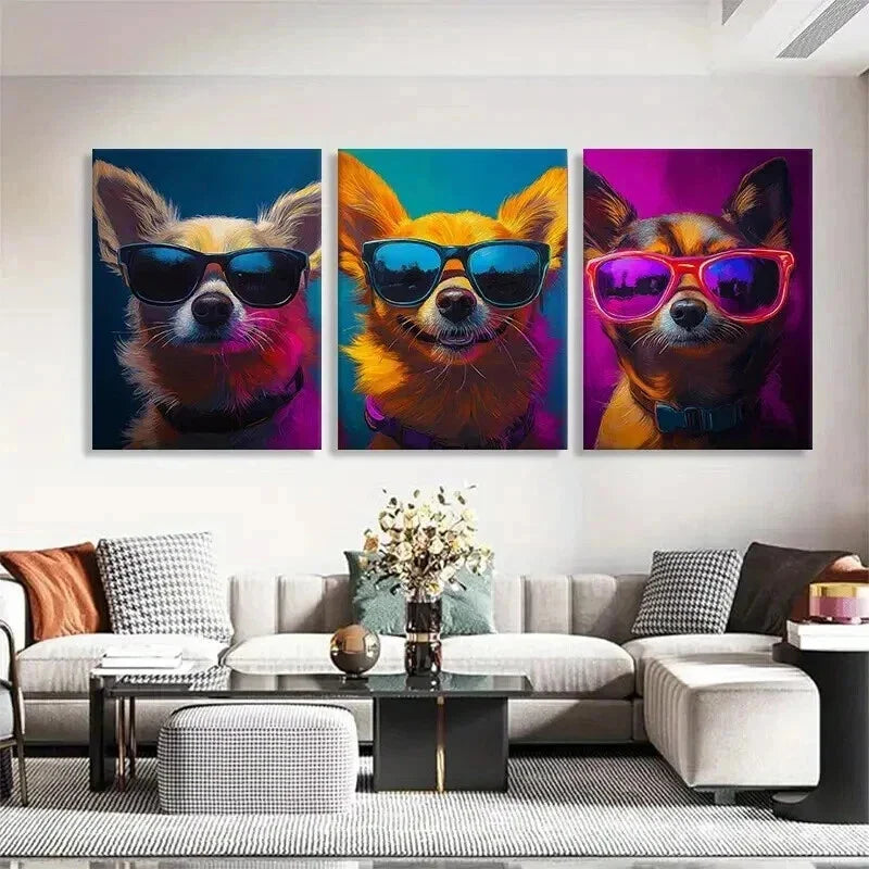 3pcs Cool Chihuahuas in Glasses Vibrant Perfect Wall Art Set Canvas Framed 40x60cm - High Quality Print 100% Australian Made Wall Canvas Ready to Hang