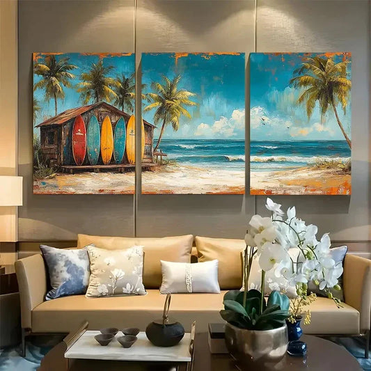3pcs Surfboards Resting Against Shack On Sandy Metal Print Ready to Hang Art