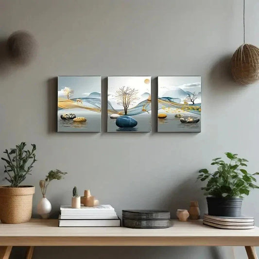 3pcs Abstract Geometric Landscape Elk Metal Print Ready to Hang Art