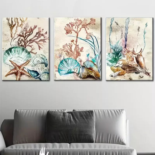 3pcs Underwater World with Seaweed, Starfish Wall Art Set Canvas Framed 40x60cm - High Quality Print 100% Australian Made Wall Canvas Ready to Hang