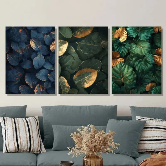 3pcs Jungle & Green Leaves with Golden Accents Metal Print Ready to Hang Art