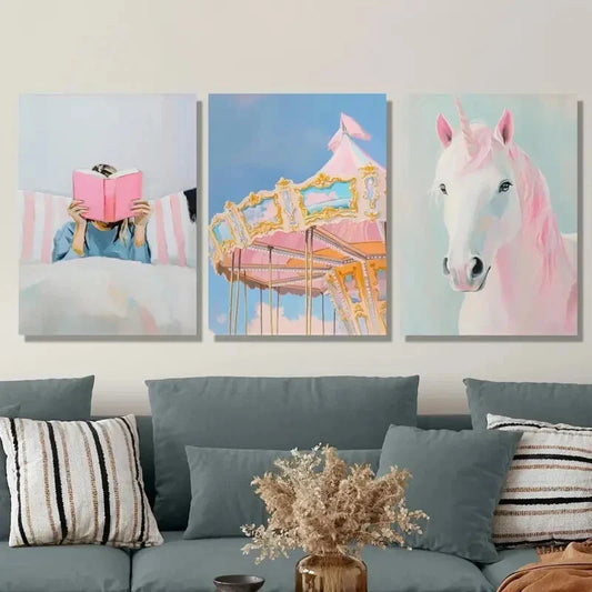 3pcs Reading Pink Books, Pastel Carousel, Metal Print Ready to Hang Art
