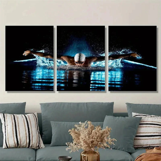 3pcs swimmer performing butterfly stroke, Metal Print Ready to Hang Art