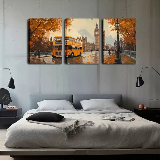 3pcs Cityscape with Yellow Double-Decker Buses Wall Art Set Canvas Framed 40x60cm - High Quality Print 100% Australian Made Wall Canvas Ready to Hang