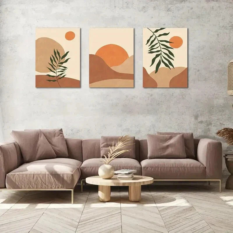 3pcs Minimalist Bohemian Leaf & Sunset Metal Print Ready to Hang Art