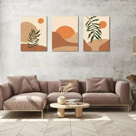 3pcs Minimalist Bohemian Leaf & Sunset Metal Print Ready to Hang Art