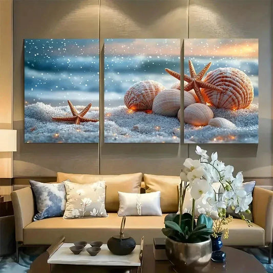 3pcs Snow Covered Beach with Shells and Starfish Metal Print Ready to Hang Art