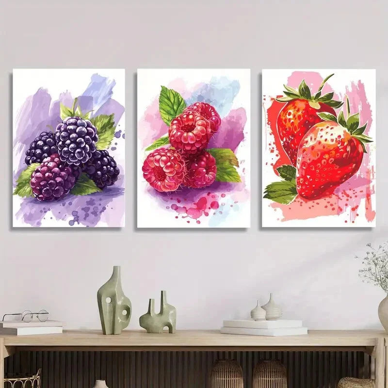 3pcs Vibrant fresh fruit art, grapes raspberries Metal Print Ready to Hang Art