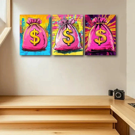 3pcs Money Bag with Vibrant $ Signs Metal Print Ready to Hang Art