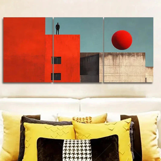 3pcs The red ball on the wall Wall Art Set Canvas Framed 40x60cm - High Quality Print 100% Australian Made Wall Canvas Ready to Hang