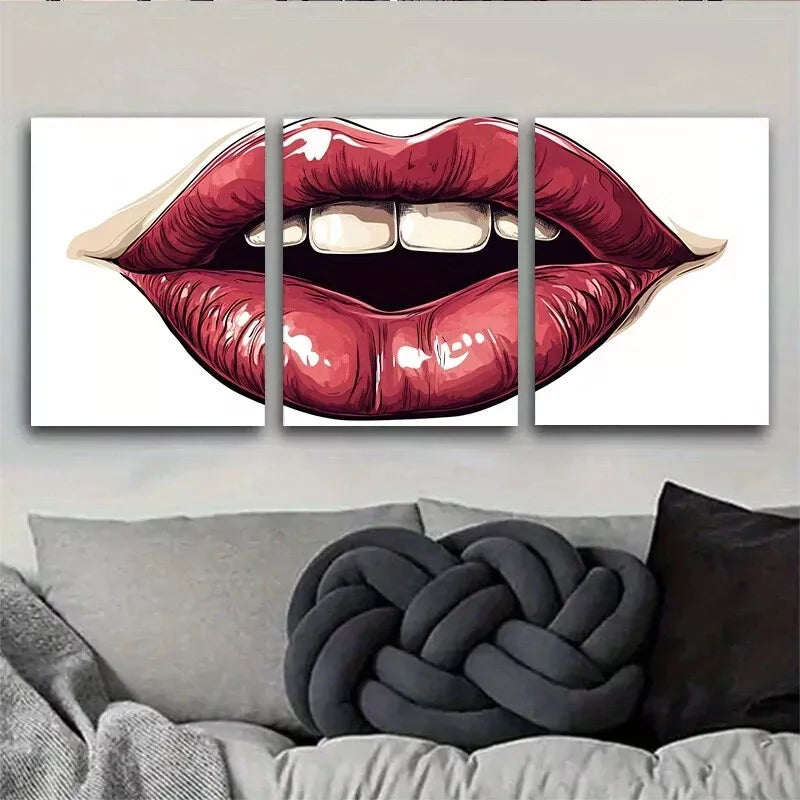 3pcs Trendy Fashion Modern Pop Art Bold Red Lips Wall Art Set Canvas Framed 40x60cm - High Quality Print 100% Australian Made Wall Canvas Ready to Hang