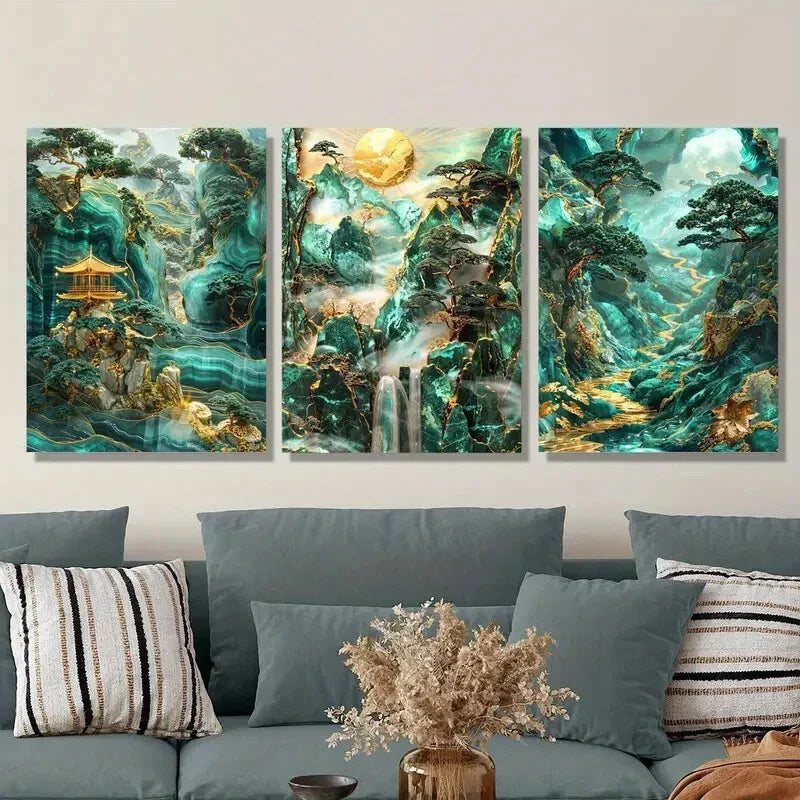 3pcs Blue and Golden Mountain and Forest Scenery Metal Print Ready to Hang Art
