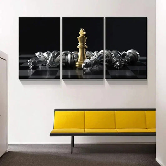 3pcs Golden King Chess Piece Metal Print Ready to Hang Art
