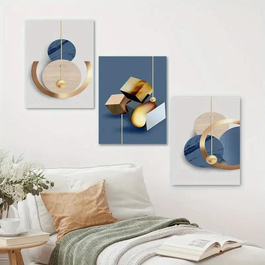 3pcs Blue & Gold Shapes Abstract Modern Metal Print Ready to Hang Art