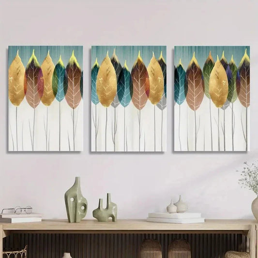 3pcs ,Fashion Aesthetic, Golden Leaf Design Metal Print Ready to Hang Art