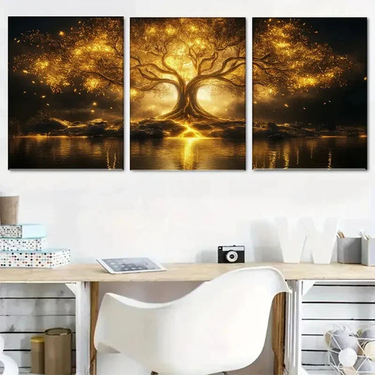 3pcs Golden Sunset &Starry Sky Tree Of Life Design Metal Print Ready to Hang Art