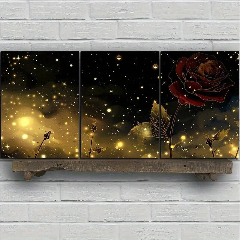 3pcs Red Roses Stunning Golden Metal Print Ready to Hang Art