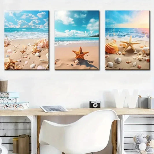 3pcs Vibrant Ocean, Seashells & Starfish Metal Print Ready to Hang Art