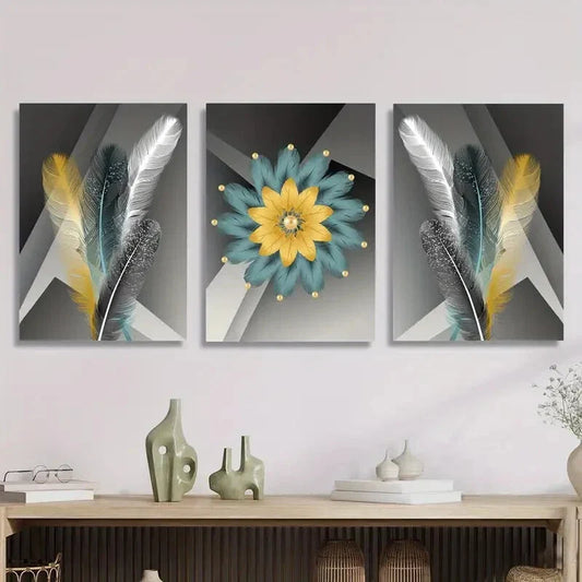 3pcs Golden Silk Luxury Feathers, Geometric Art, Metal Print Ready to Hang Art
