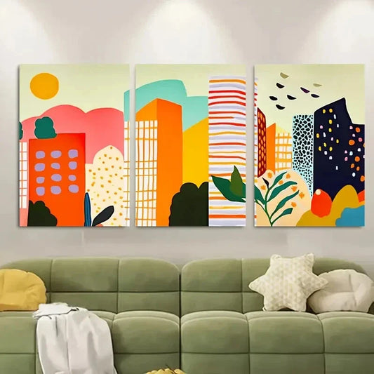 3pcs Colorful City Skyline Skyscrapers Artwork Metal Print Ready to Hang Art