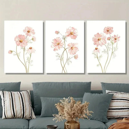 3pcs Ink Painting of Soft Pink Wildflowers Metal Print Ready to Hang Art