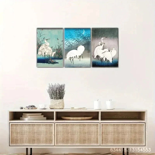 3pcs White Crane Animal Art Decoration Scenery Metal Print Ready to Hang Art
