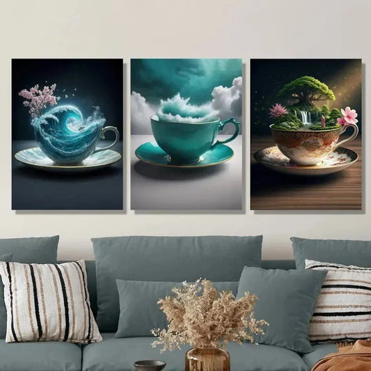 3pcs Tea Cup & Landscape Ink Paintings, Metal Print Ready to Hang Art