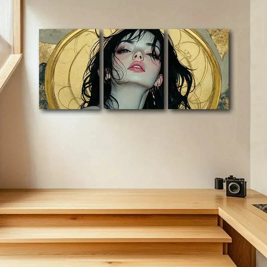 3pcs Pretty Woman with Golden Background Metal Print Ready to Hang Art