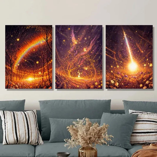 3pcs Golden Rainbow Golden Fairy Abstract Metal Print Ready to Hang Art