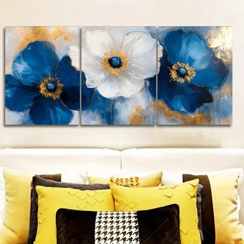 3pcs Abstract Blue Poppies Painting, Art Metal Print Ready to Hang Art