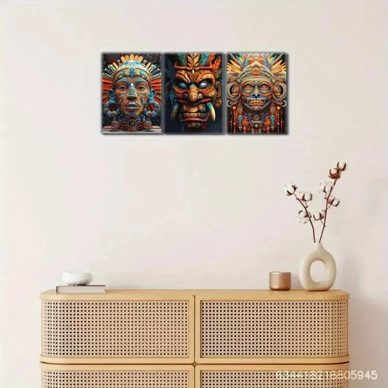 3pcs Indigenous Mask Huchiol, Indigenous Tribe Metal Print Ready to Hang Art