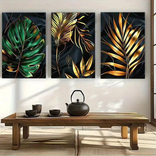3pcs Environment Atmospheric Abstract Golden Leaf Metal Print Ready to Hang Art