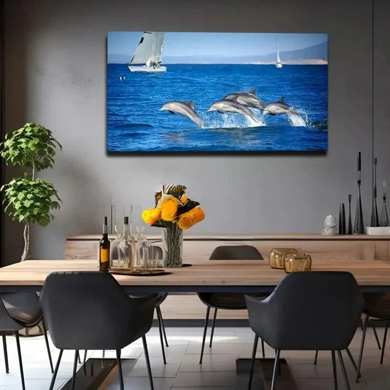 Dolphins Leaping In Ocean Wall Art Canvas Office Home Room Framed 80x45cm