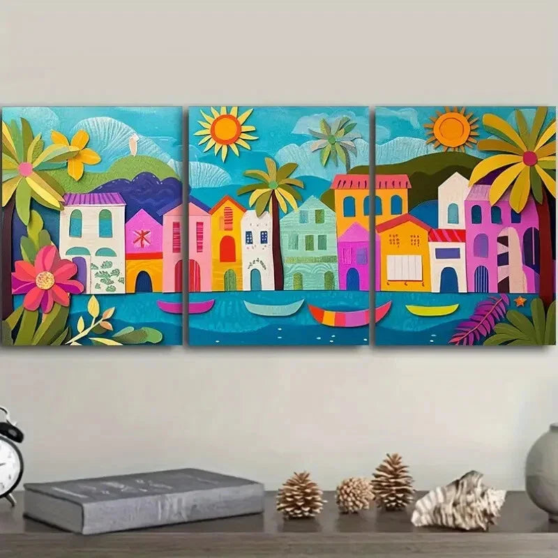 3pcs Colorful Beach Scene with Palm Trees, Sunset Metal Print Ready to Hang Art