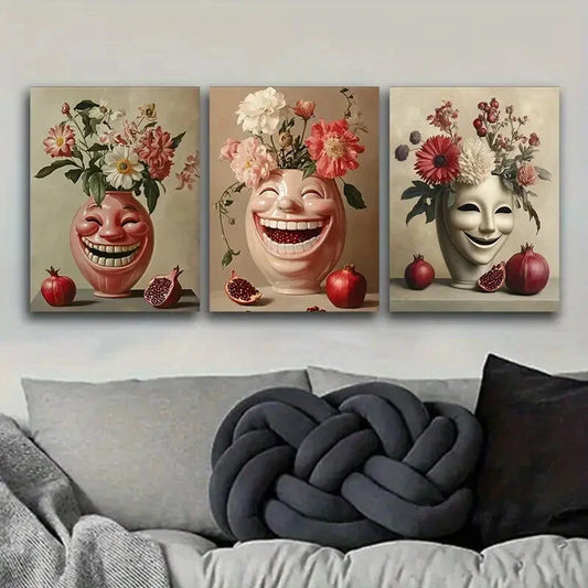 3pcs A Vase with Carved Faces Metal Print Ready to Hang Art