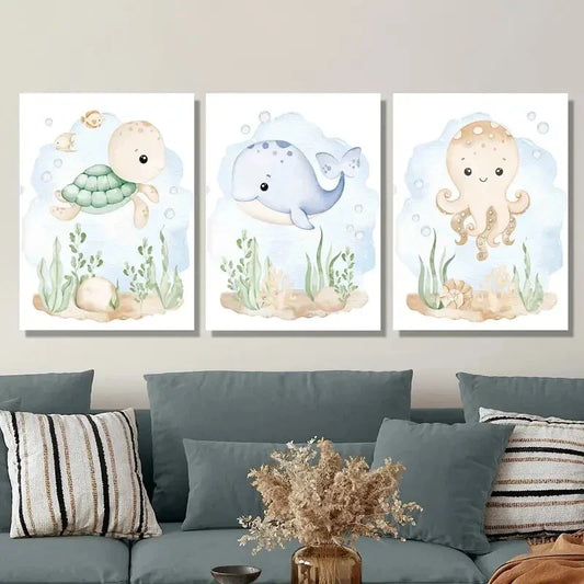 3pcs Turtle, Whale & Octopus, Modern Ocean Metal Print Ready to Hang Art