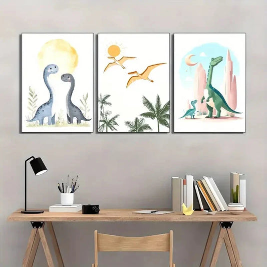 3pcs Playful Dinosaur Designs Wall Decor Metal Print Ready to Hang Art