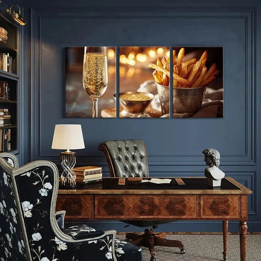 3pcs Champagne Glass Golden French Fries Metal Print Ready to Hang Art